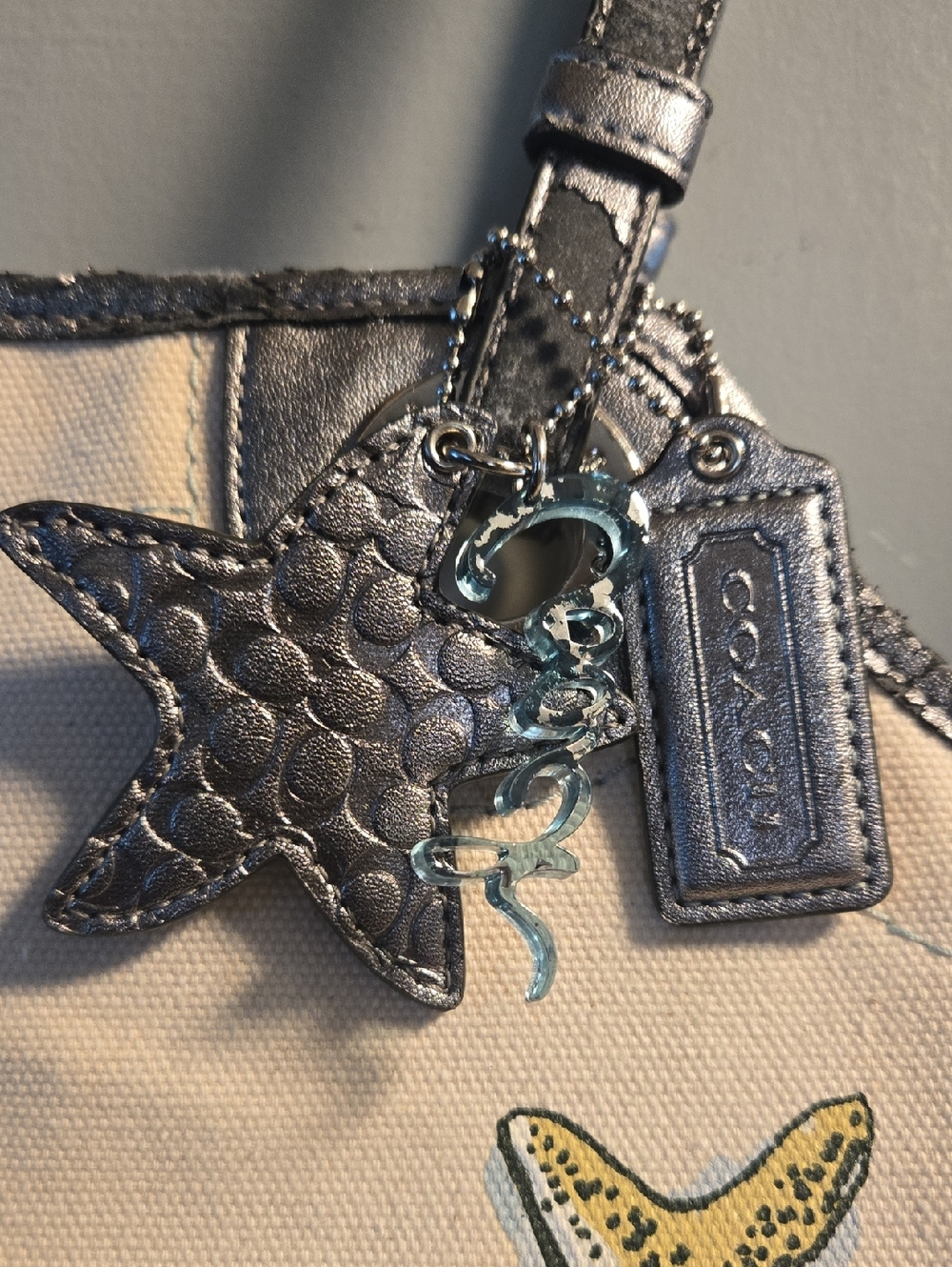 Coach Canvas Starfish Tote in Cream, Blue & Yellow - Picture 8 of 11